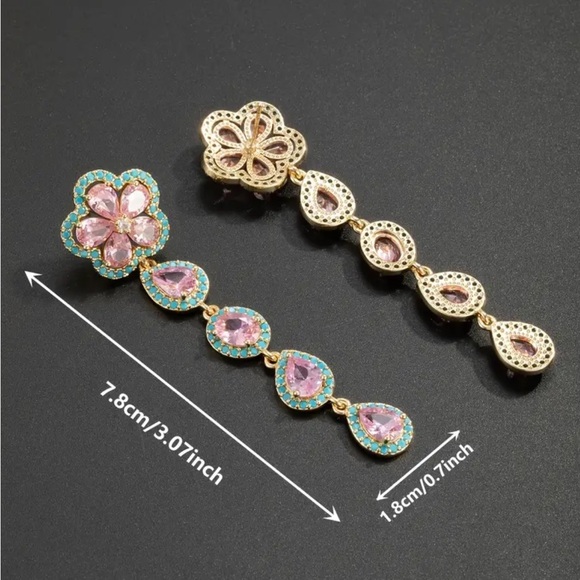 Blue & Pink Zircon Floral Water Drop Earrings - Picture 3 of 3